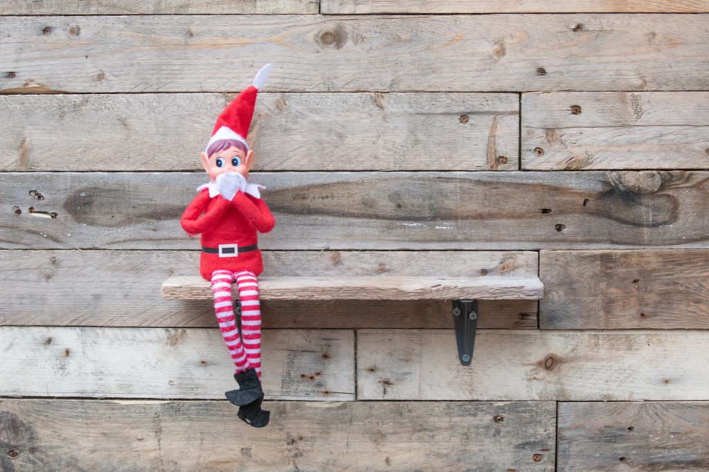 A little elf sitting on a wooden shelf